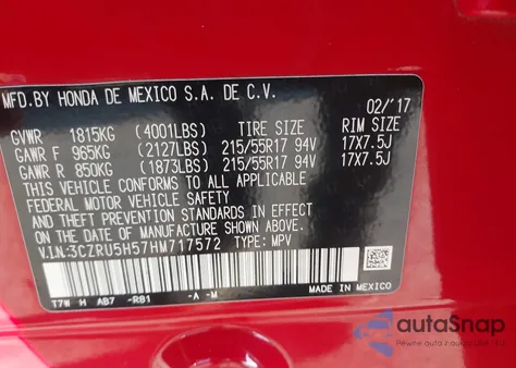 2017 Honda Hr-V Ex z USA, uszkodzony, nr VIN 3CZRU5H57HM717572